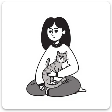 a sad brunette woman with straight hair sitting on the floor, holding a ginger cat in her lap sticker