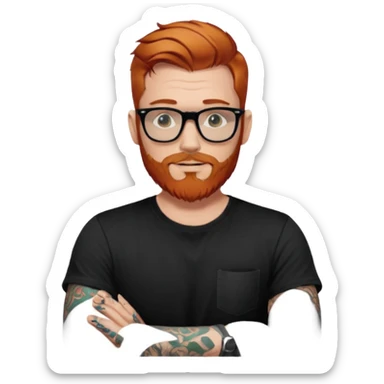 Svelte looking redhead man with sleeve tattoos and a beard and rayban glasses, 38 years old but younger looking sticker