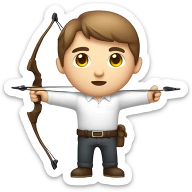 a male, aiming with a bow, facing  his target, eyes closed, wearing a white shirt, very short brown hair, bright skin, only show upper part of the body from waist up sticker