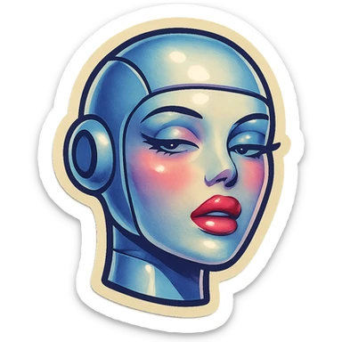 sexy female bot, Telegram sticker style, very pale skin, expressive lips, languid gaze, light blush, head only without neck, white background sticker
