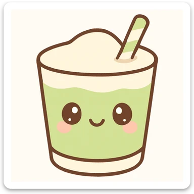 kawaii style matcha latte with a smiling face, pastel green and cream colors, and a cute straw sticker