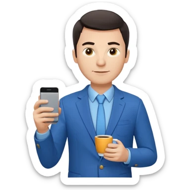 Confident male entrepreneur, Caucasian features, short dark hair, defined eyebrows, slight smile, wearing blue blazer over light blue shirt, holding a smartphone in one hand and a coffee cup in the other, waist-up, front-facing sticker
