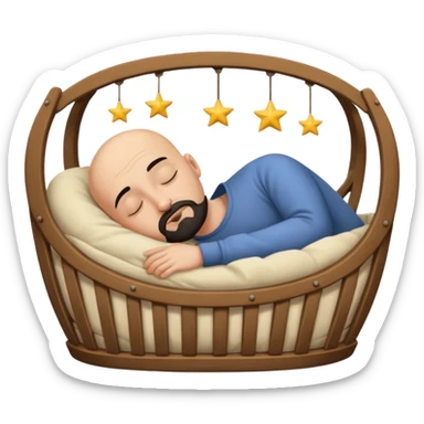 a bald, tan man who has a black goatee sleeping in a cradle sticker