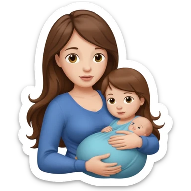 Pregnant woman with long brown hair and fair skin, holding a baby in her arms. sticker