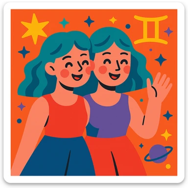 gemini girl, vibrant, playful, zodiac theme, modern illustration sticker