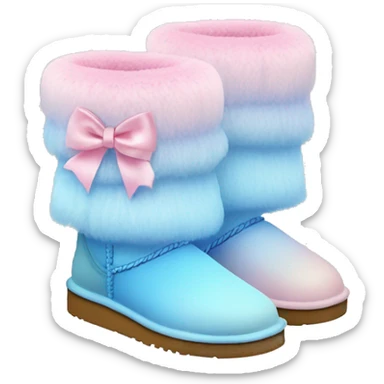 Realistic pair of pastel pink to pastel blue ombre fur Ugg boots with silk ribbon bows. sticker