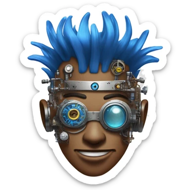 Brown cyborg head with blue Mohawk, blue beard, silver steampunk monocle goggles a smile and circuits sticker