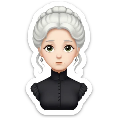 A Victorian woman with elegant coiffed white hair and light eyes wearing a modest unadorned black turtleneck mourning dress looking down with a forlorn expression sticker
