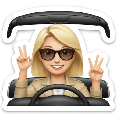 blonde woman driving car. one hand up Happy face confidence sticker