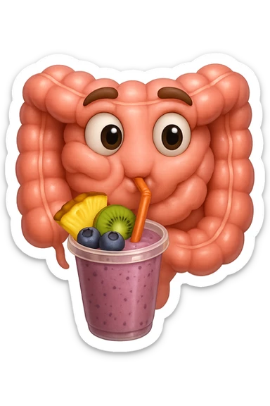 EMOJI STILE IPHONE DI un intestino umano anatomico che beve un frullato di mirtilli, ananas, kiwi, fagli anche la parte bianca degli occhi, non solo le pupille, REALISTICo 4K sticker