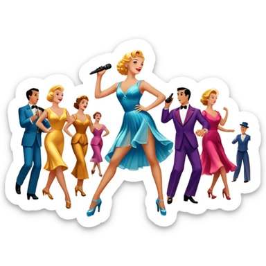 Vintage movie poster-style icon for a musical film. The cityscape glows in the background, evoking the golden era of musicals. A vibrant street scene with bright lights, dancers mid-step, a singer with a microphone among the skyscrapers. Transparent background. sticker