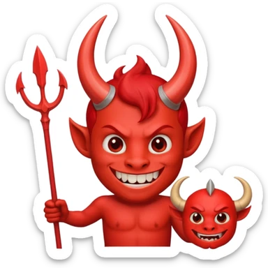 Red devil with short horns and trident, grinning mischievously sticker