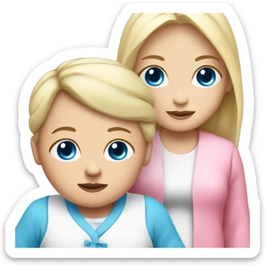 A blue-eyed baby next to a white mom in a pink outfit sticker