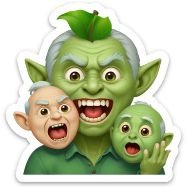 mischievous troll holding a small screaming old man, expressive faces, playful and exaggerated, apple emoji style sticker