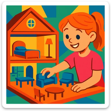 smiling girl arranging furniture in doll house sticker