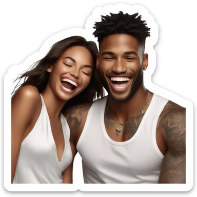 Photo of Victoria secret model laughing with a tattooed male model  sticker