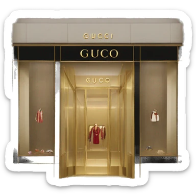 “Gucci store exterior with gold logo above entrance, large glass windows displaying luxury fashion, and elegant double doors.” sticker