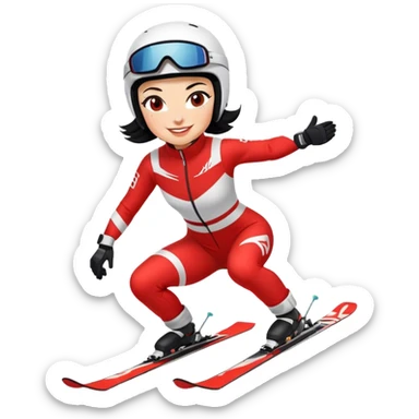 Ski racer downhill squat woman red white dress black hair smile sticker