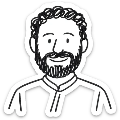 hand-drawn style portrait of a bearded man with curly hair, wearing a black traditional outfit, personal sketch, expressive lines, friendly face sticker