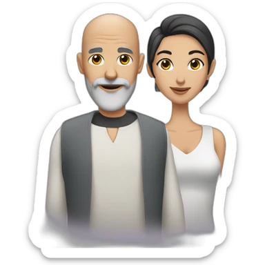 bald man with a gray beard with a thin woman with black hair sticker