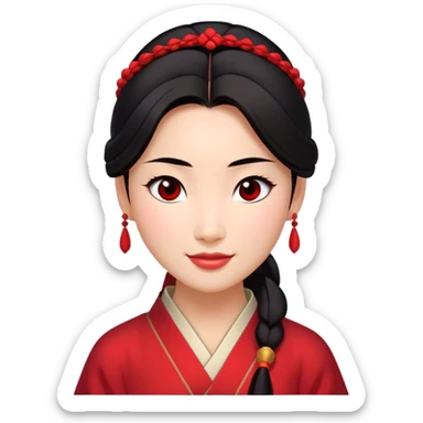 Cinematic Radiant Mulan Portrait Emoji, rendered in a realistic, vector-style with clean proportions. Show Mulan with a soft, confident smile, warm skin, and expressive eyes, her dark hair styled simply, and dressed in traditional clothing with understated red accents. The image radiates a gentle, luminous glow and high shine, accentuated by a soft glowing outline. sticker
