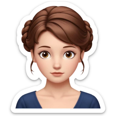 Cinematic Emma Darcy Realistic Portrait, depicted with lifelike skin texture, subtle rosy undertones, and soft natural lighting that enhances the gentle contours of her face. Her intricately detailed brown hair is elegantly styled in an updo, sticker