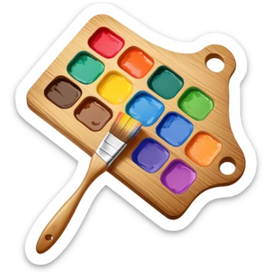 Cinematic Realistic image of a vibrant paint palette and brush, featuring a wooden palette smeared with an array of richly blended colors and a finely detailed brush with soft, delicate bristles, set against a softly textured background that evokes artistic inspiration sticker