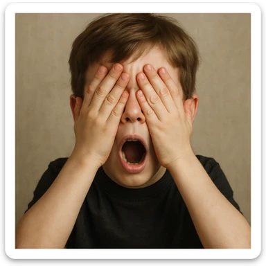 white boy with brown hair, shocked face, hands over eyes, black shirt, front view sticker