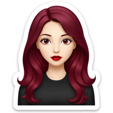 young glamorous woman 
Long waist-long hair
centre part
slightly wavy
dark burgundy hair 
 sticker