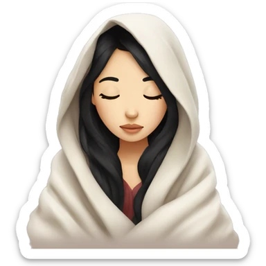Asian girl inside a blanket sipping coffee eyes closed black hair sticker