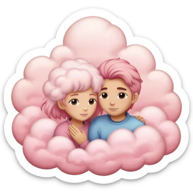 Two people embracing on pink clouds, their faces hidden, with wheat-toned skin. The clouds should be fluffy and pink, resembling cotton candy, like something out of a fairytale world. sticker