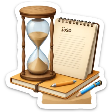 hourglass next to a notebook sticker