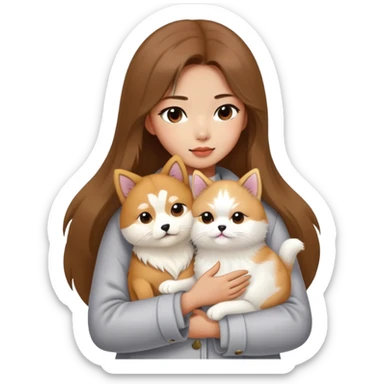 A Chinese fashion girl with brown hair, wearing a light gray fur coat, hugging a Shiba Inu and a long-haired white Persian cat. sticker