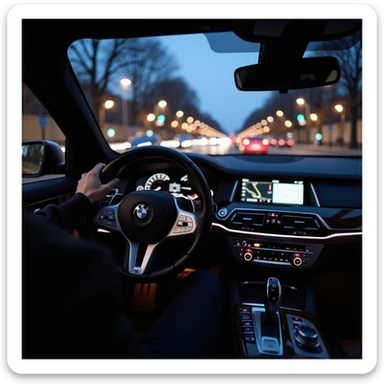 BMW Series 7 2024, interior cockpit view at night, Bucharest city lights visible, one hand on steering wheel, motion blur effect, photorealistic sticker