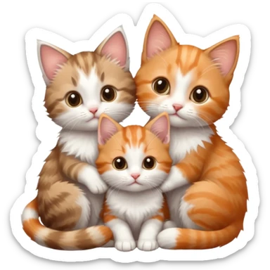 3 tiny kittens cuddling together all different colours, the first one is grey and white, the second is ginger and white and the third is brown tabby and white sticker