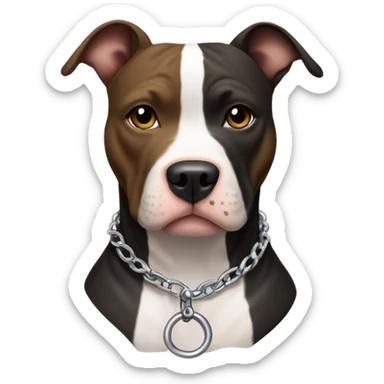 American pitbull terrier with a black and brown striped coat and white down middle of his face and chest. He has a silver chain link collar sticker