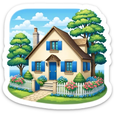 A summer cottage with blue shutters, bright flowers, green trees surround it, Kinkade style artwork.  sticker