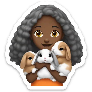 Black Muslim girl holding her 3 cute orange, gray, and mix colored holland lop bunnies sticker
