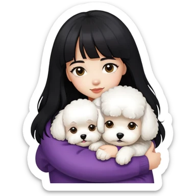 A beautiful girl with long black hair and bangs hugs a super small Bichon Frise sticker