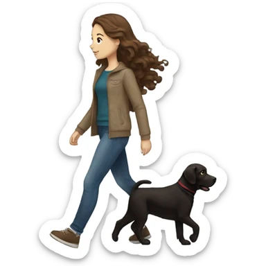 White girl with wavy brown hair walking a black Labrador sticker