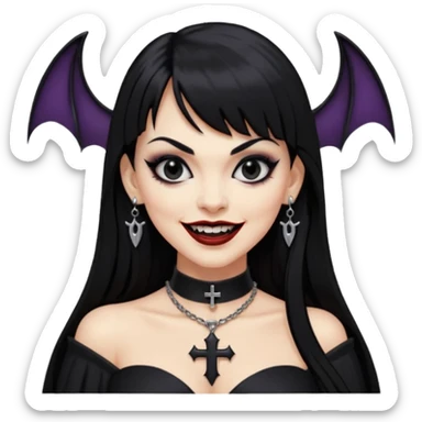 vampira com cabelo preto longo e liso e franja, olhos pretos, brincos em formato de cruz, choker em formato de morcego, roupa preta com decote, batom preto e sorrindo mostrando as presas sticker