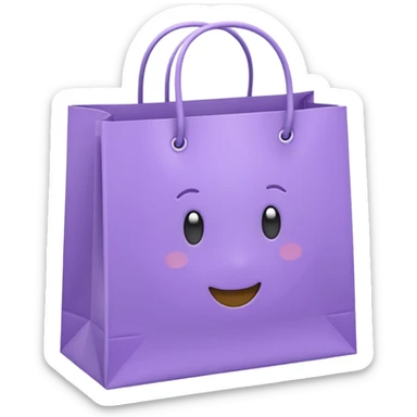 A cute emoji-style illustration of a purple paper shopping bag, pastel purple color, rounded shape, simple clean lines, kawaii style, soft shading, minimal details, centered composition, transparent background sticker