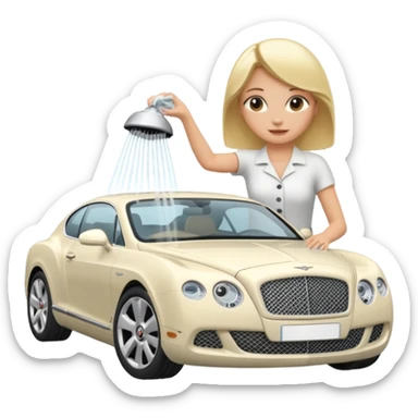 A blond lady washing a Bentley sticker
