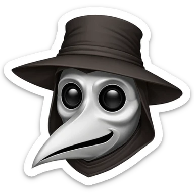 Morbid medieval plague doctor mask with a wide, sinister smile, visible in the empty eye sockets a tiny glow. Clean, stylized lines, flat vector illustration suitable for a small emote. Stylized as a medieval woodcut or metal engraving. Black and white with one accent color  sticker