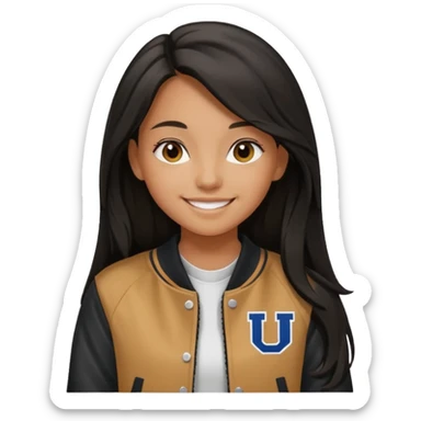 walk black long hair girl at university without backpack with varsity jacket sticker