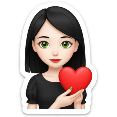 Pale girl with straight black hair and olive green eyes soft smile wearing black dress and holding a heart sticker
