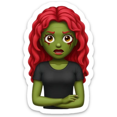 Faça me um emoji de um zumbi mulher de cabelos vermelho escuro longos ondulado usando uma blusa preta, faça no estilo iphone sticker