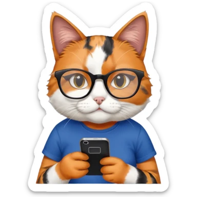 un gato de tres colores naranja, negro y blanco con gafas de leer con un celular en manos leyendo comentarios y que tenga una remera color azul oscuro que diga UOM sticker