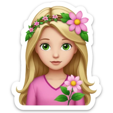 Girl profile picture with long browne and blonde hair and green eyes and a flower in her hair. and a pink outfit sticker
