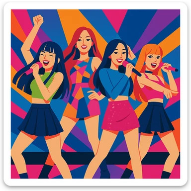 K-pop inspired Blackpink group, vibrant stage outfits, energetic poses, modern pop style, vibrant colors, dynamic composition sticker